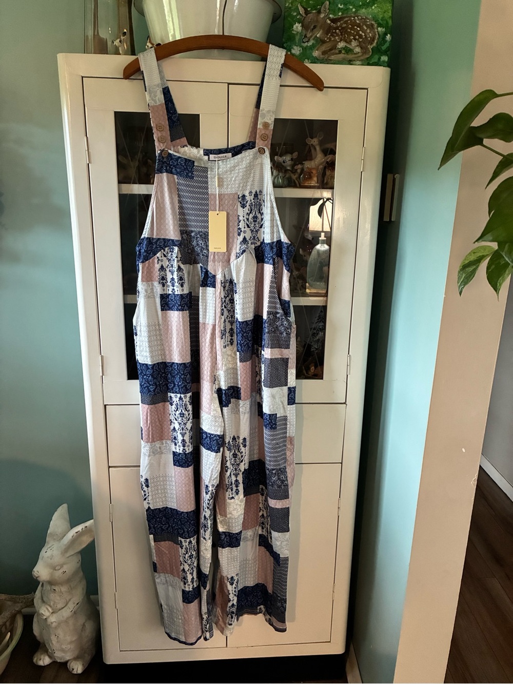 Ekouaer sz L Patchwork Print Wide-Leg Jumpsuit Dress - Blue & Pink nwt